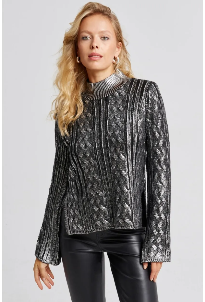 Kadın Siyah-Gümüş Varakli Triko Bluz SF2528