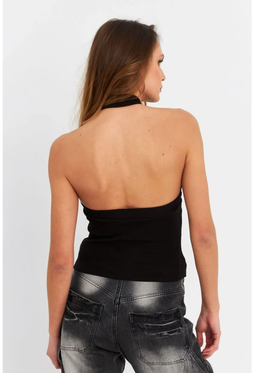 Kadın Siyah Halkalı Crop Bluz B2634-90