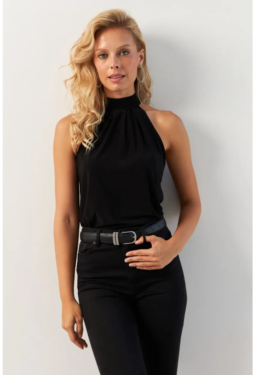 Kadın Siyah Halter Yaka Bluz LPP1273