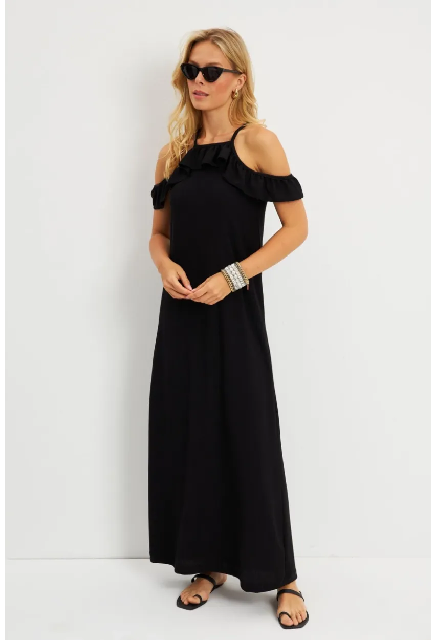 Kadın Siyah Halter Yaka Bürümcük Midi Elbise EY2789