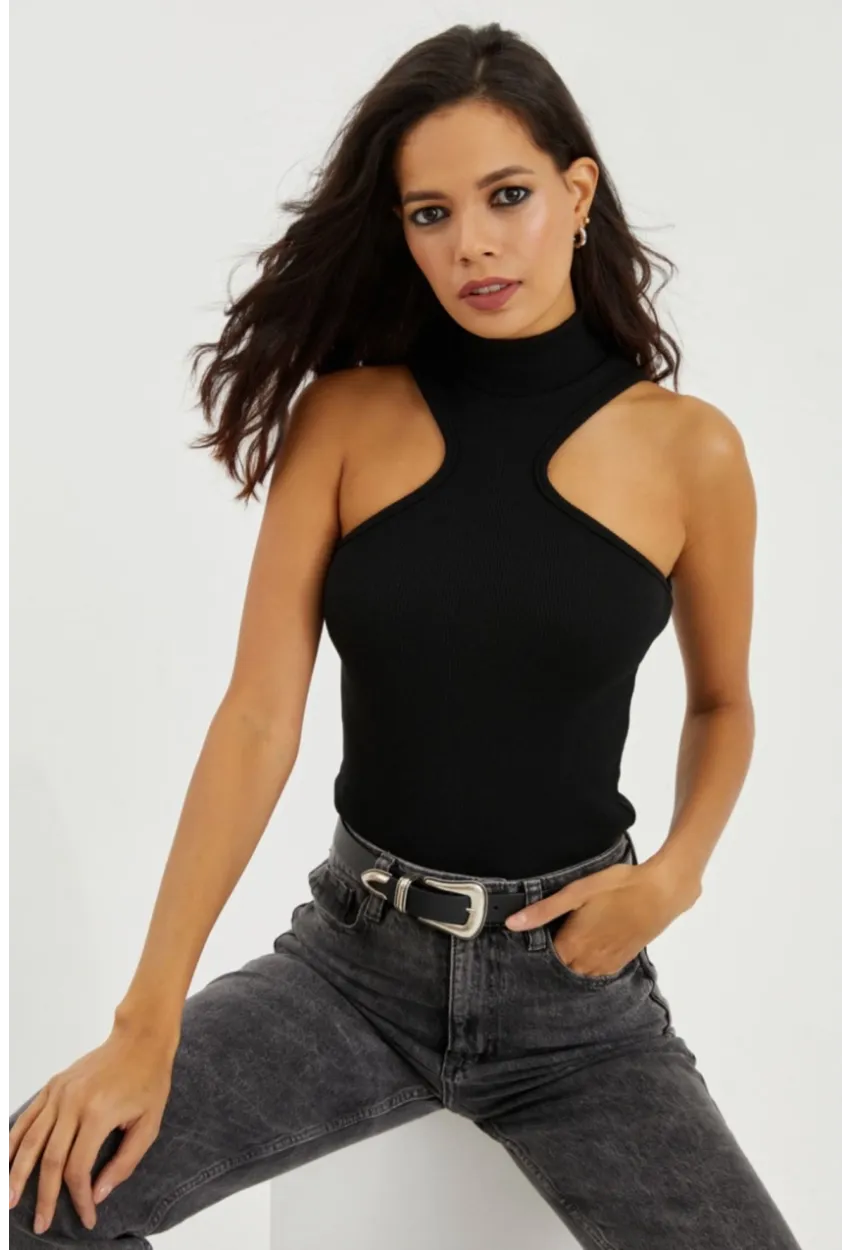 Kadın Siyah Halter Yaka Kaşkorse Bluz EY1454