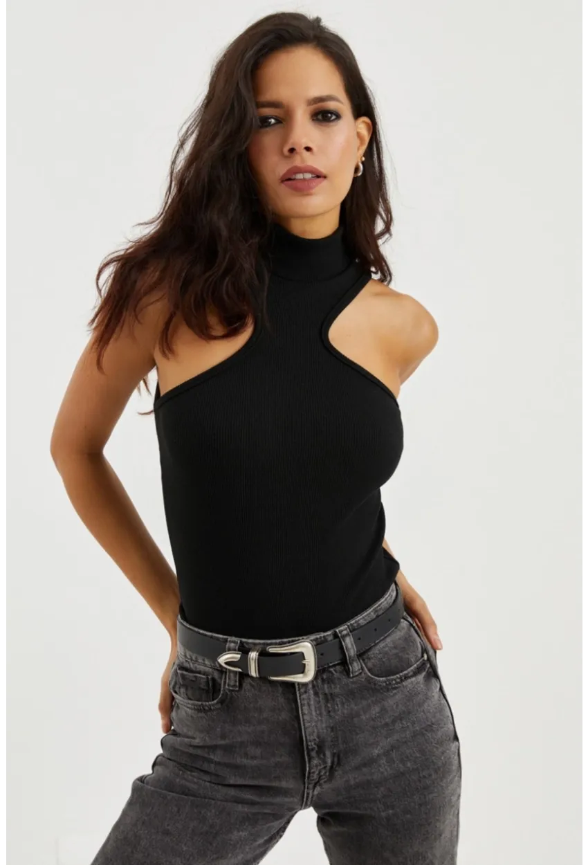 Kadın Siyah Halter Yaka Kaşkorse Bluz EY1454