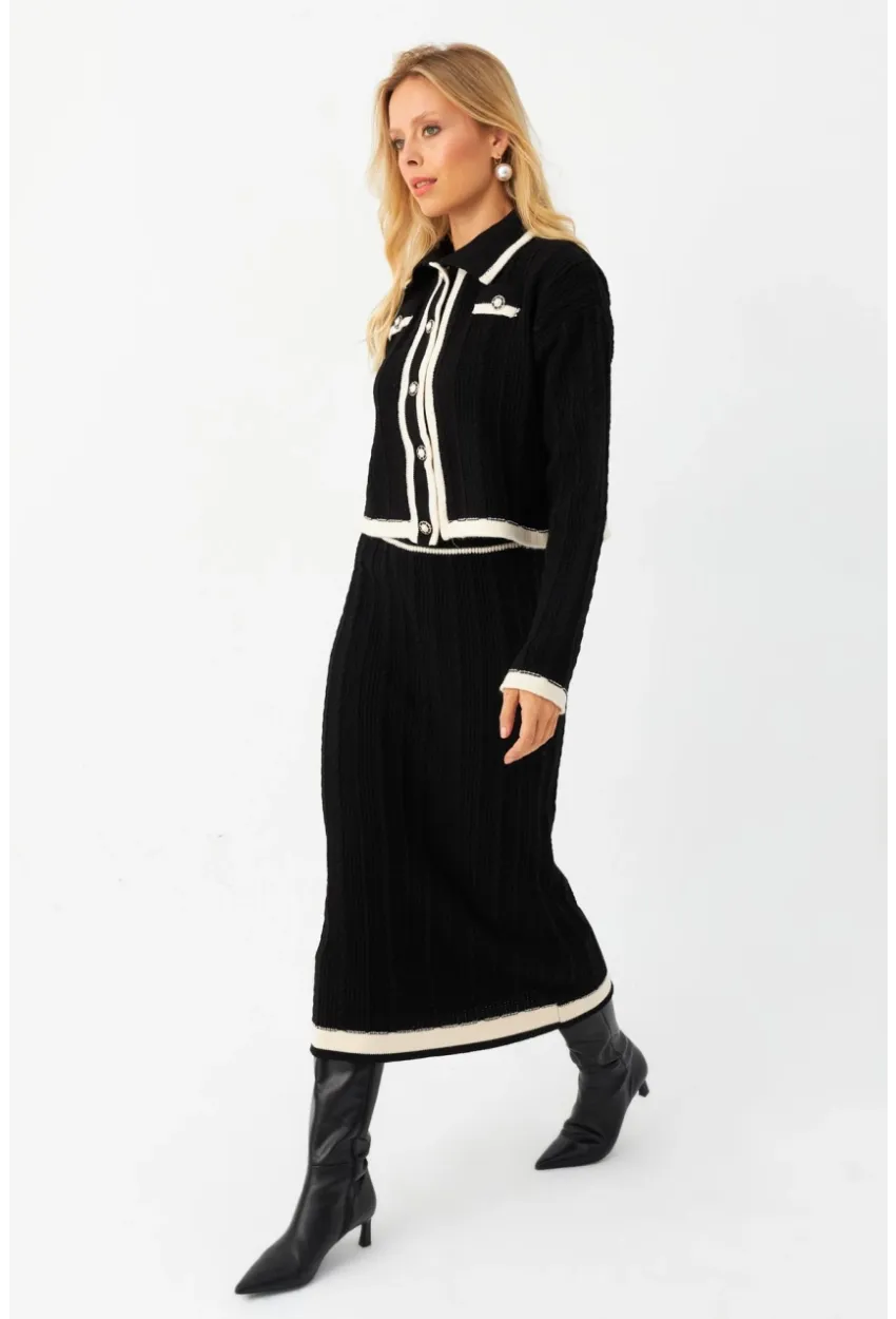 Kadın Siyah İkili Alt Üst Triko Takım NUV34