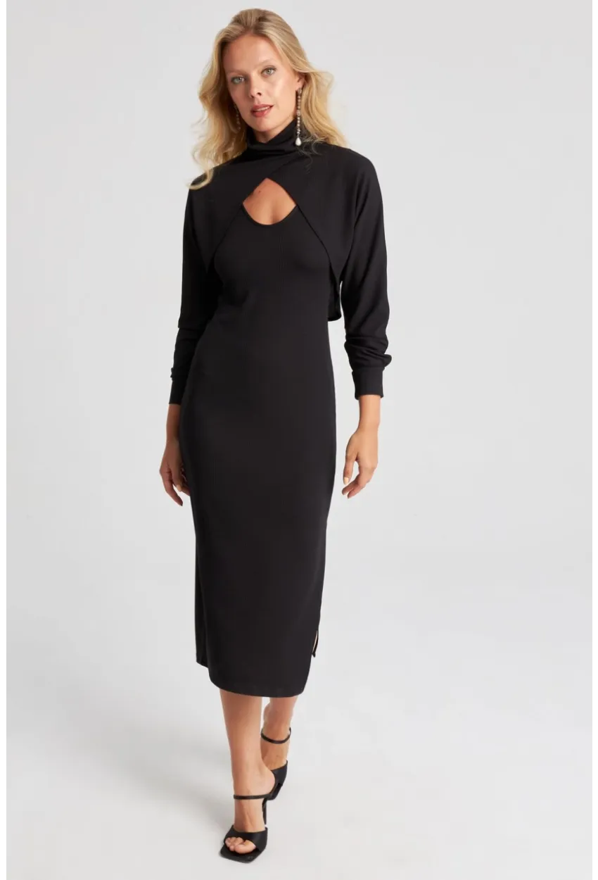 Kadın Siyah İkili Bolerolu Midi Elbise KED133