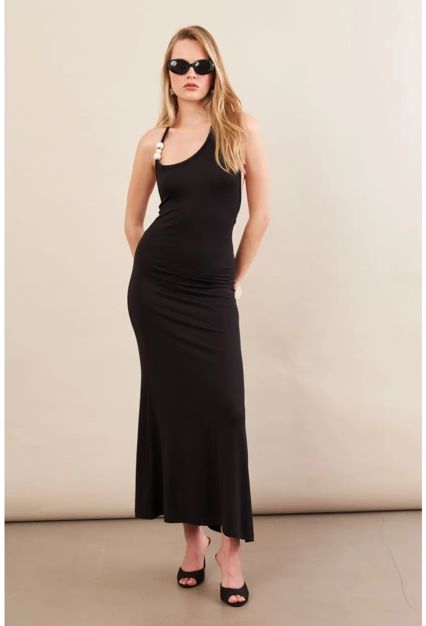 Kadın Siyah İnci Aksesuarlı Maxi Elbise EY3105