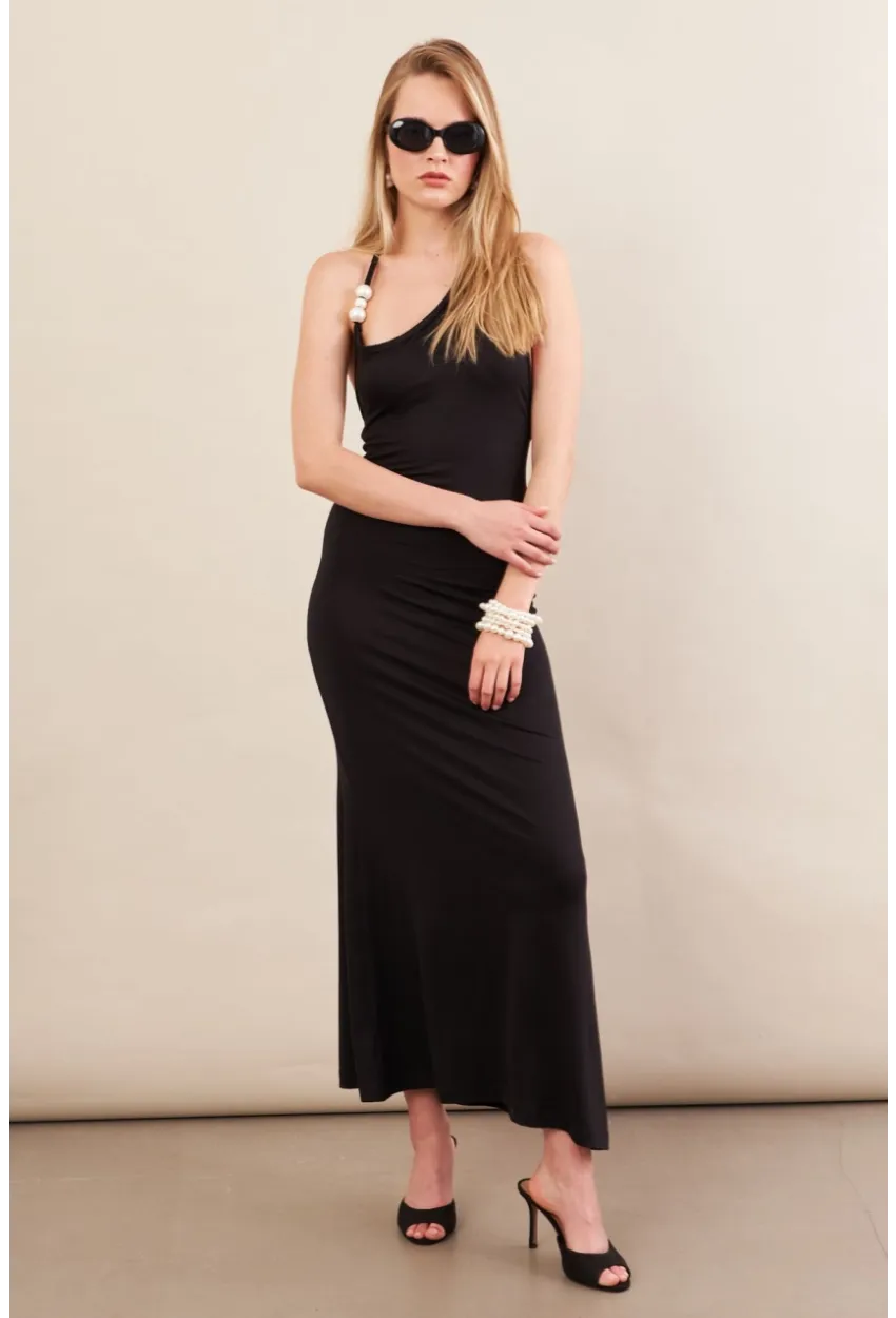 Kadın Siyah İnci Aksesuarlı Maxi Elbise EY3105