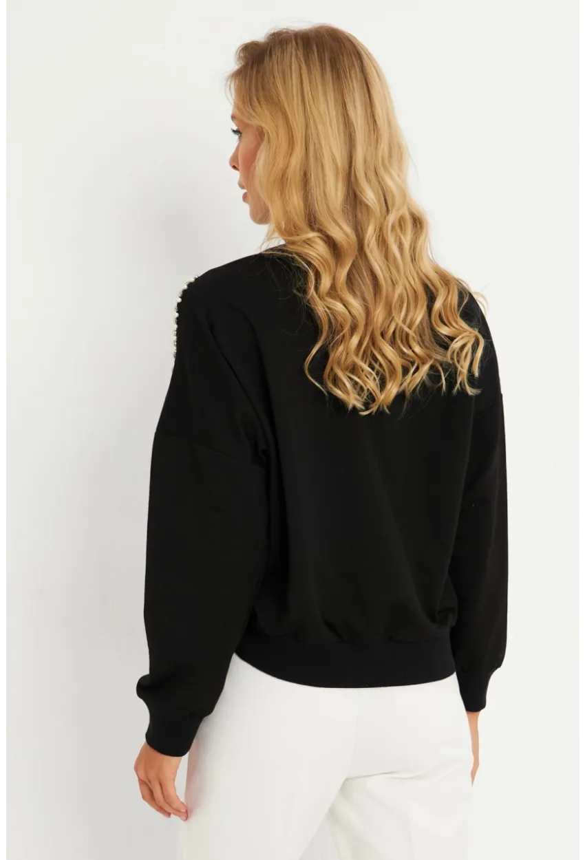 Kadın Siyah İnci Detaylı Büzgülü Sweatshirt RLO04