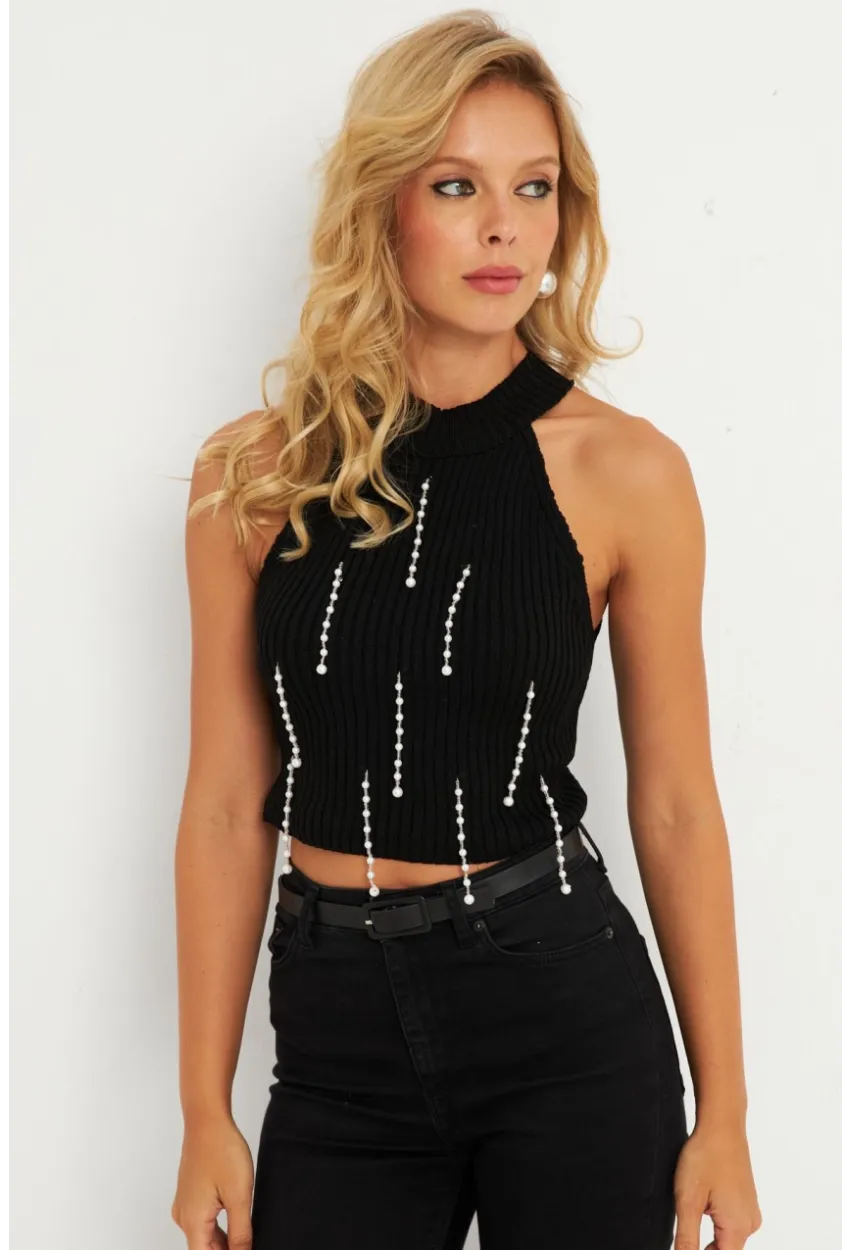 Kadın Siyah İnci Detaylı Triko Bluz KAZ005