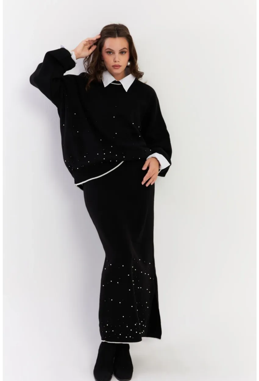 Kadın Siyah İncili Alt Üst Etek Takım YİL554