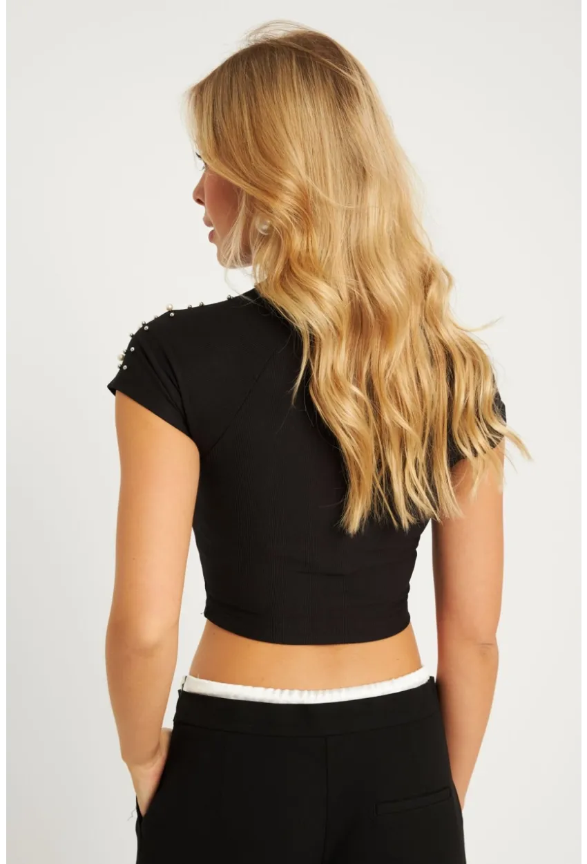 Kadın Siyah İncili Kısa Bluz HOL2112
