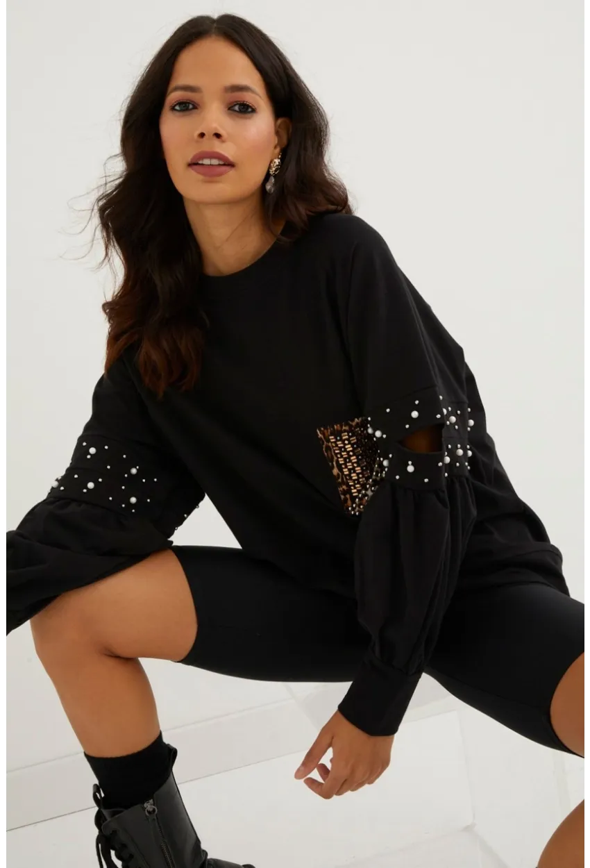 Kadın Siyah İncili Kol Detaylı Sweatshirt PKA400