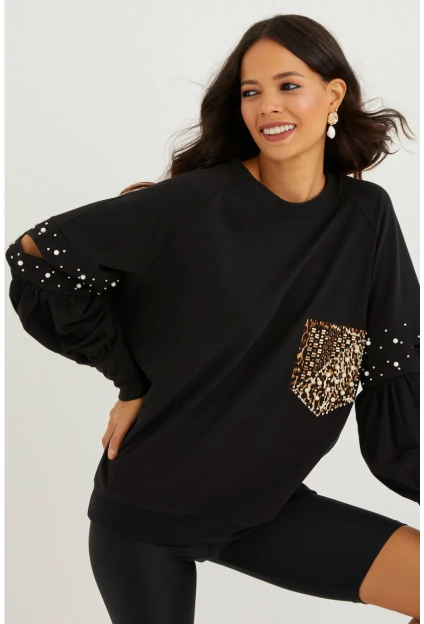 Kadın Siyah İncili Kol Detaylı Sweatshirt PKA400