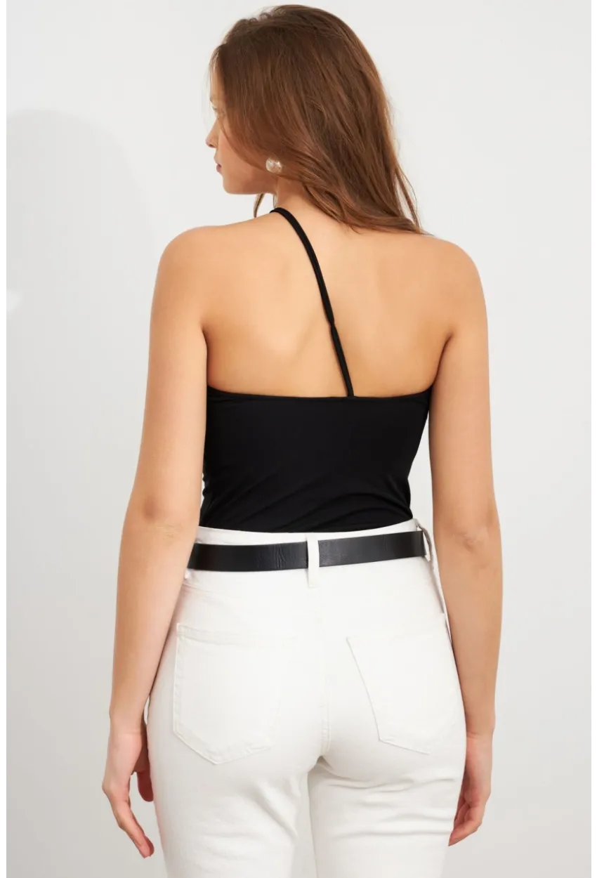 Kadın Siyah İp Askılı Çıtçıtlı Body ZH014