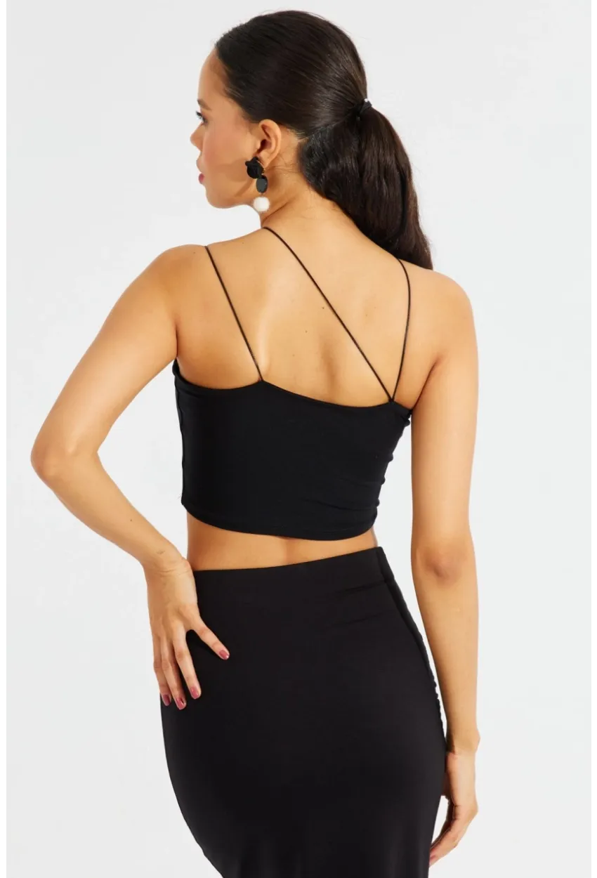 Kadın Siyah İp Askılı Crop Bluz B2594