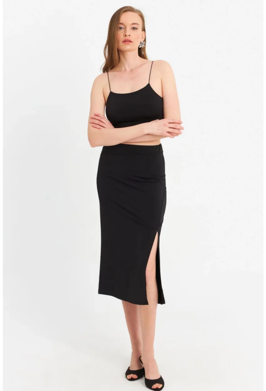 Kadın Siyah İp Askılı Crop Etek Takım MRS10004-1