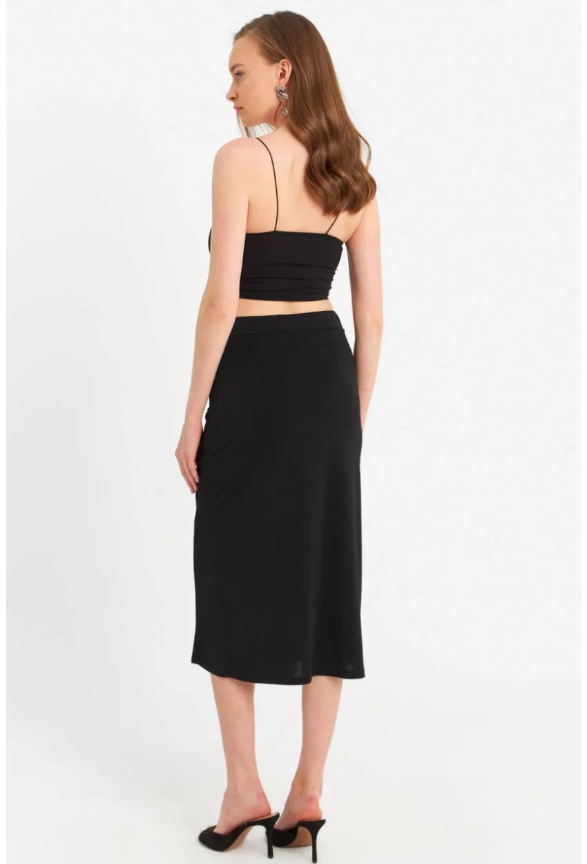 Kadın Siyah İp Askılı Crop Etek Takım MRS10004-1