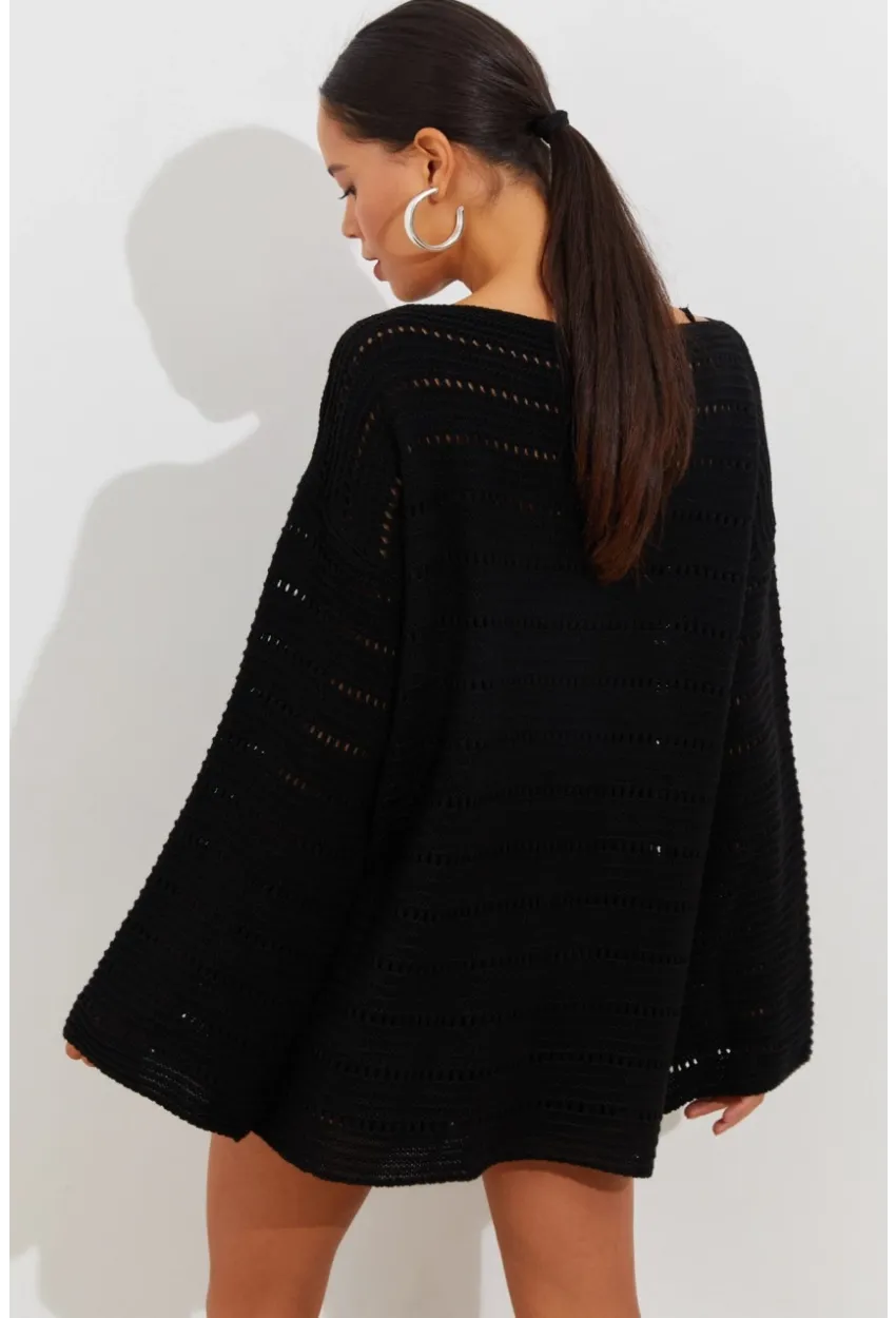 Kadın Siyah İspanyol Kol Ajurlu Triko Uzun Bluz SMT199