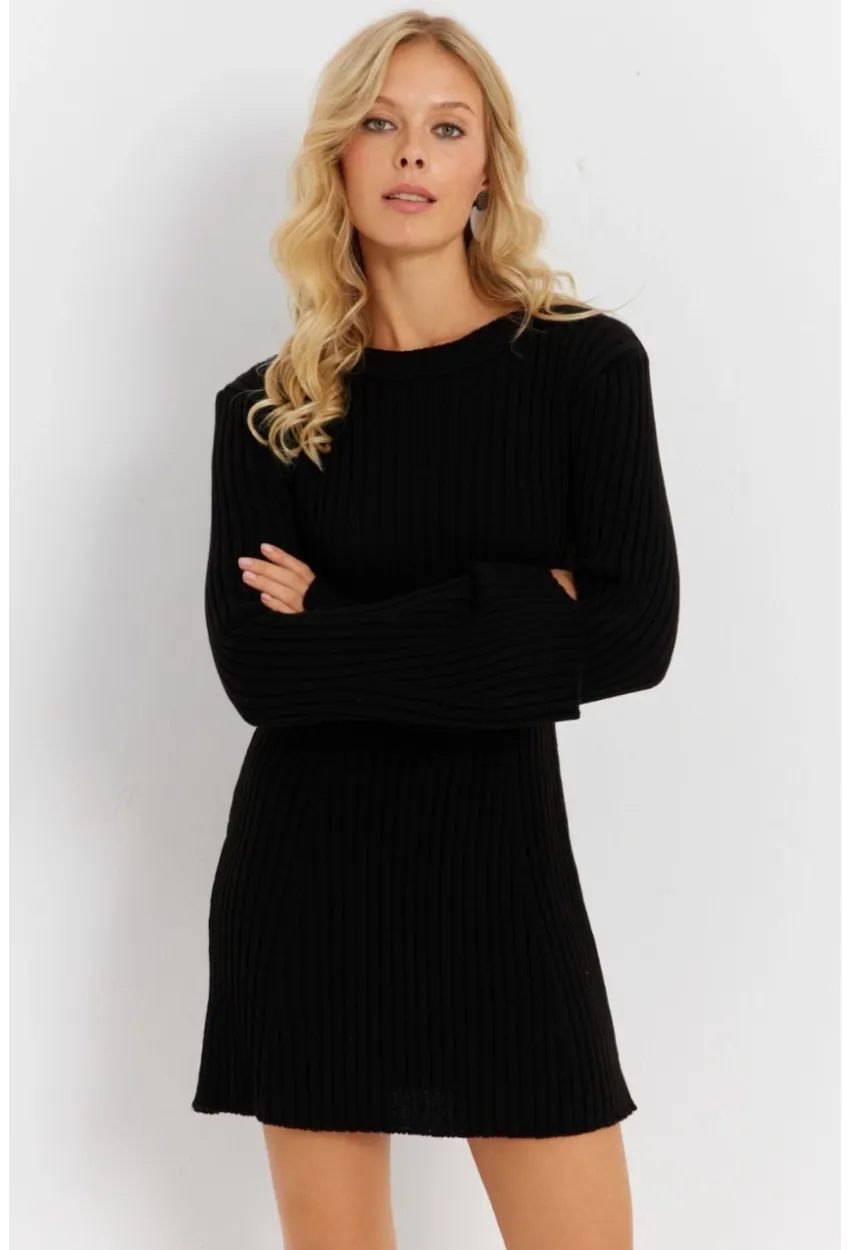 Kadın Siyah İspanyol Kol Triko Mini Elbise YV273
