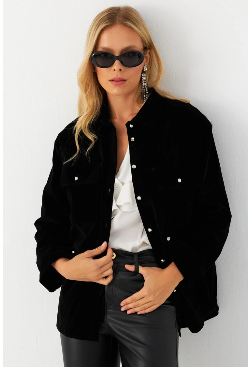 Kadın Siyah Kadife Gömlek CAR1074