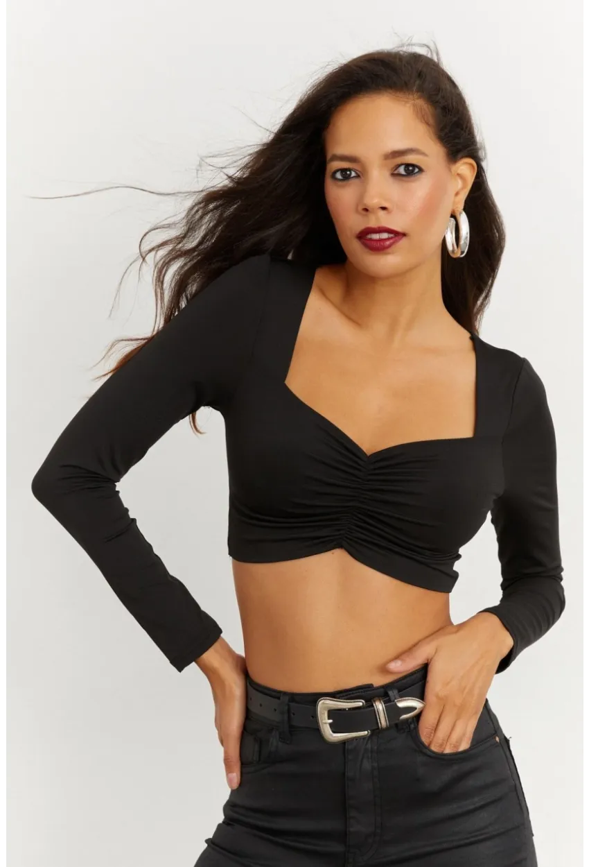 Kadın Siyah Kalp Yaka Crop Bluz CG260