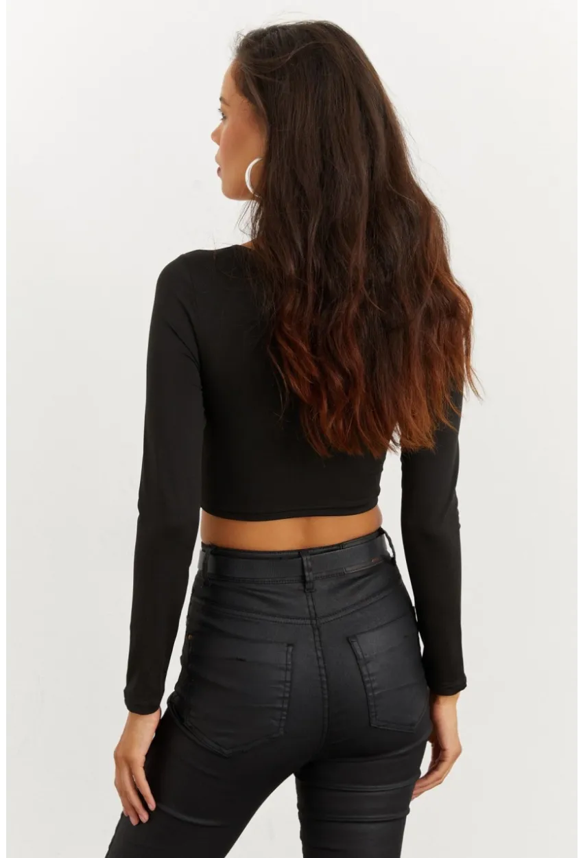 Kadın Siyah Kalp Yaka Crop Bluz CG260