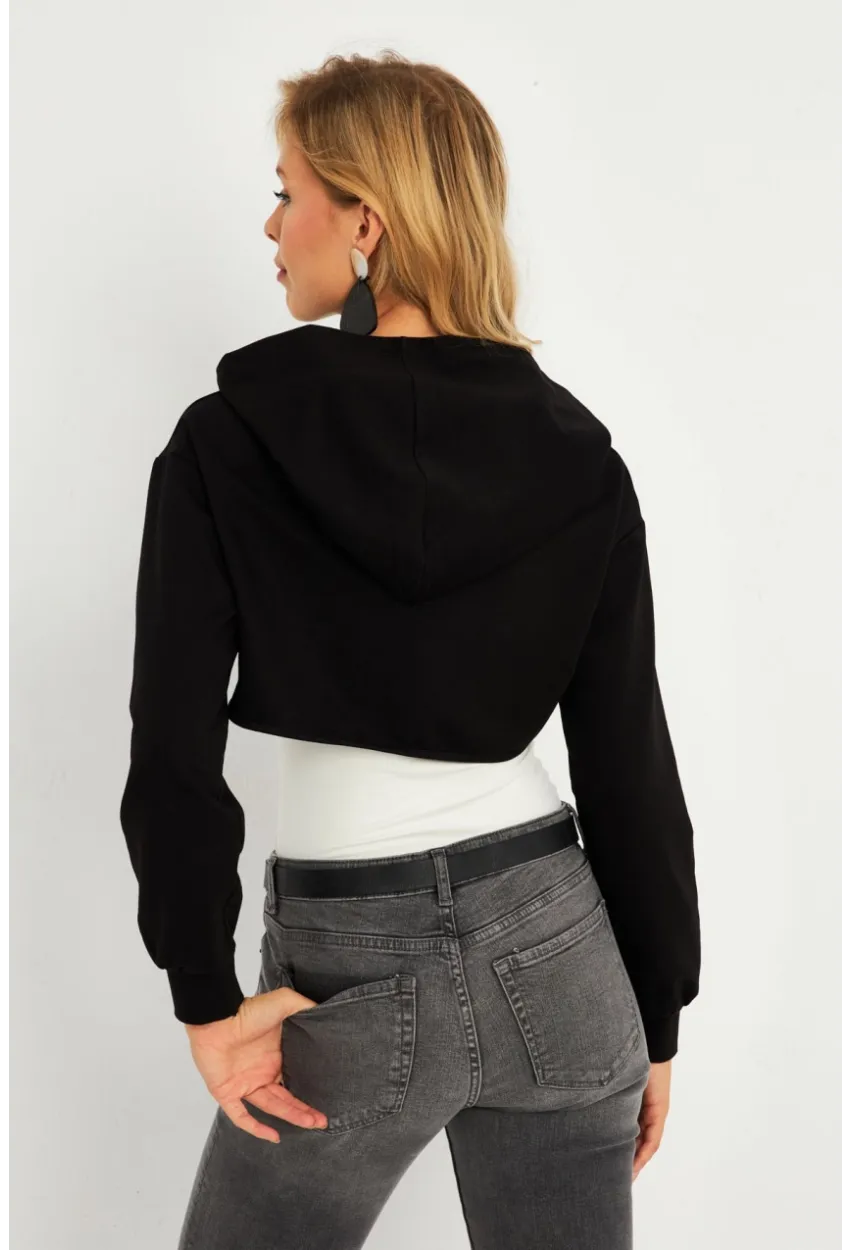 Kadın Siyah Kapüşonlu Crop Sweatshirt  TF03