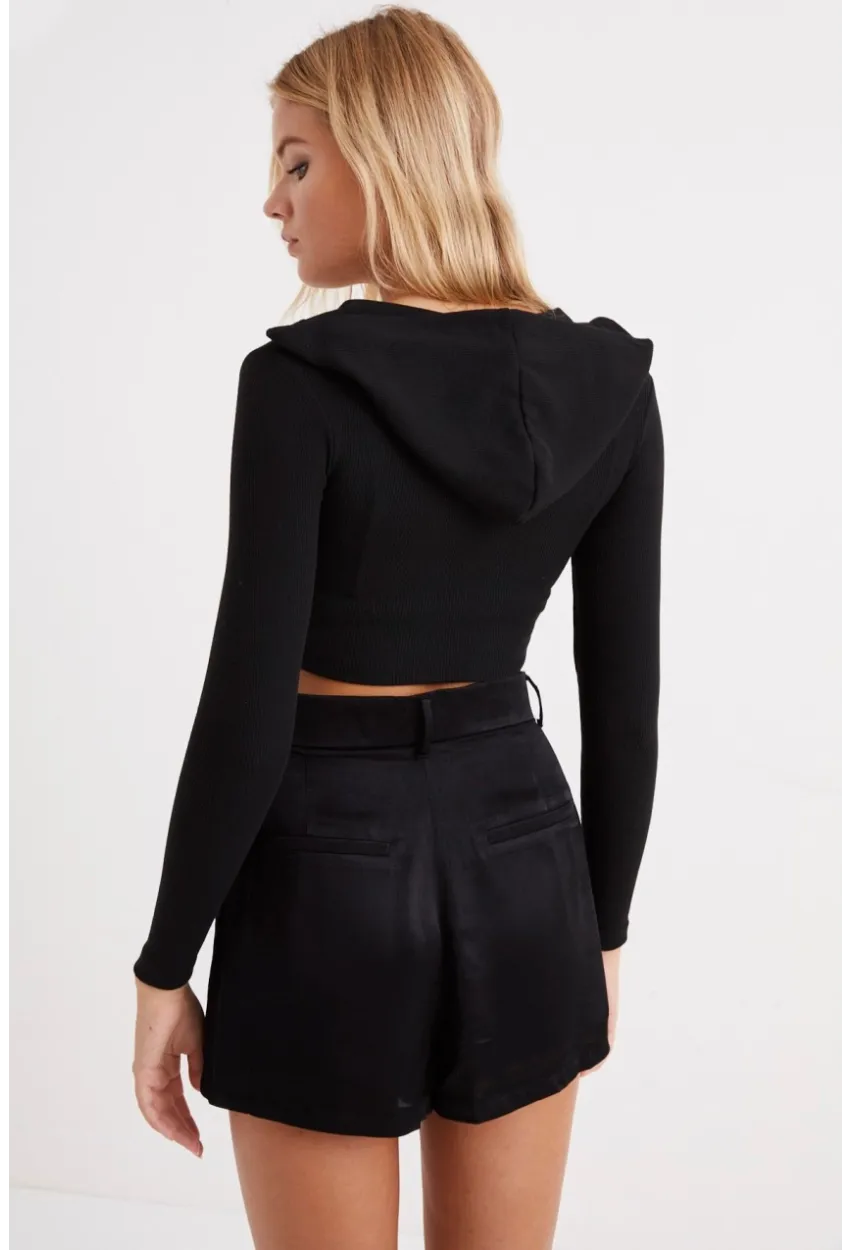 Kadın Siyah Kapüşonlu Kısa Kaşkorse Bluz EY1032