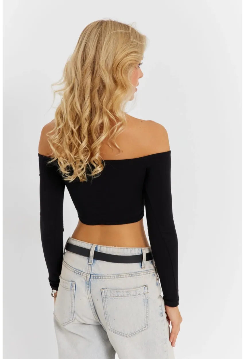 Kadın Siyah Kare Yaka Crop Bluz CG364