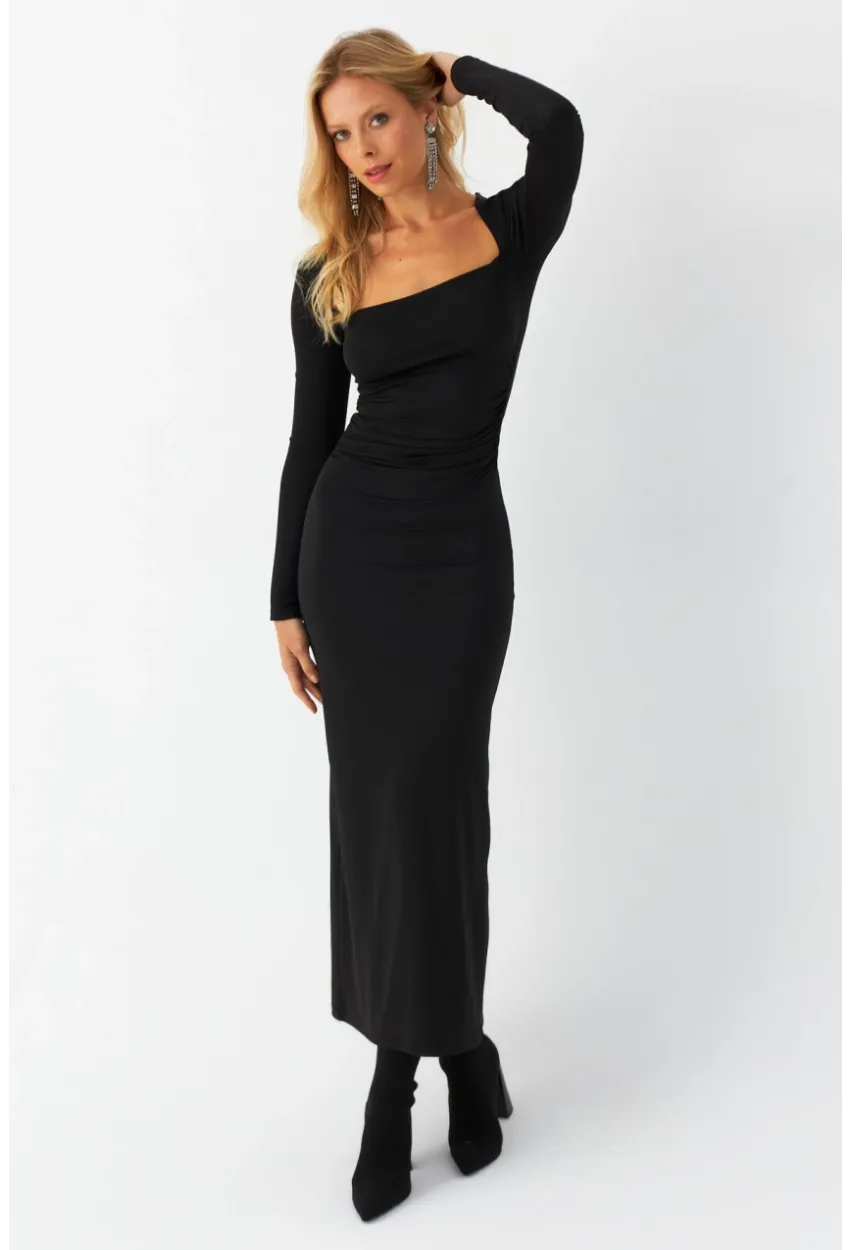 Kadın Siyah Kare Yaka Drepeli Midi Elbise B6009