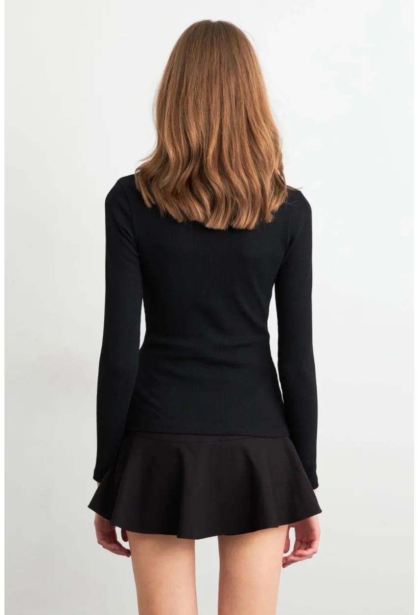 Kadın Siyah Kare Yaka Düğme Detaylı Bluz TF49