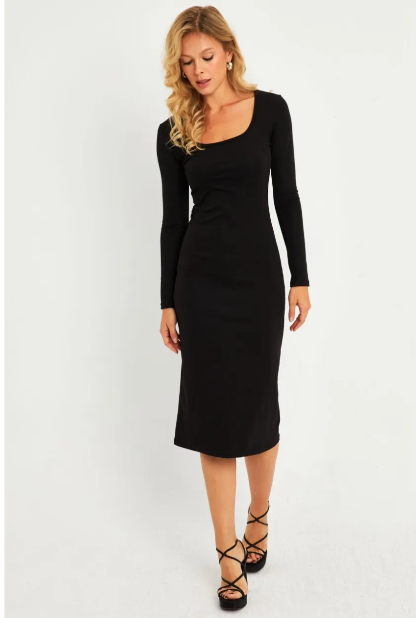 Kadın Siyah Kare Yaka Midi Elbise CG382