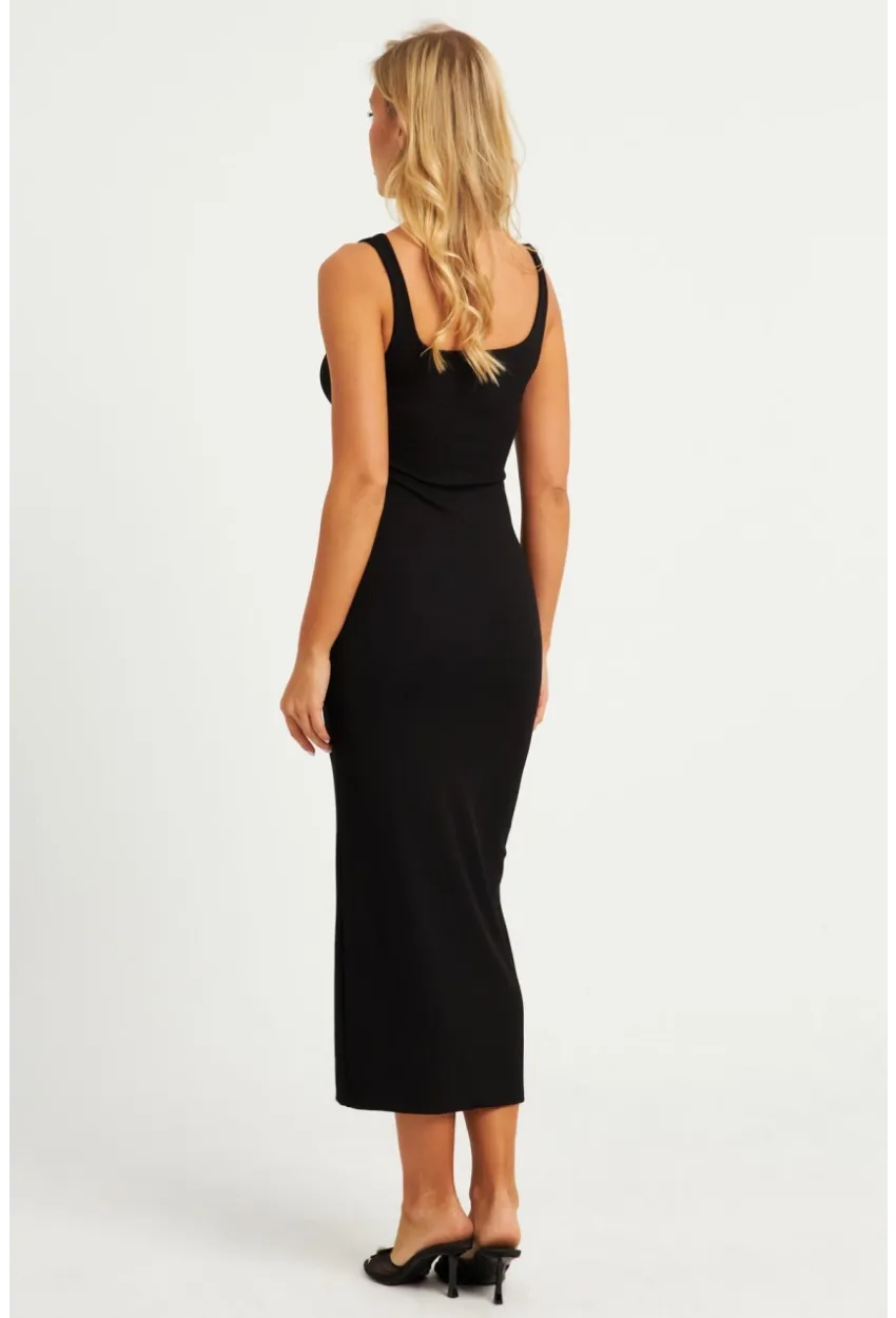 Kadın Siyah Kare Yaka Midi Elbise DMR295