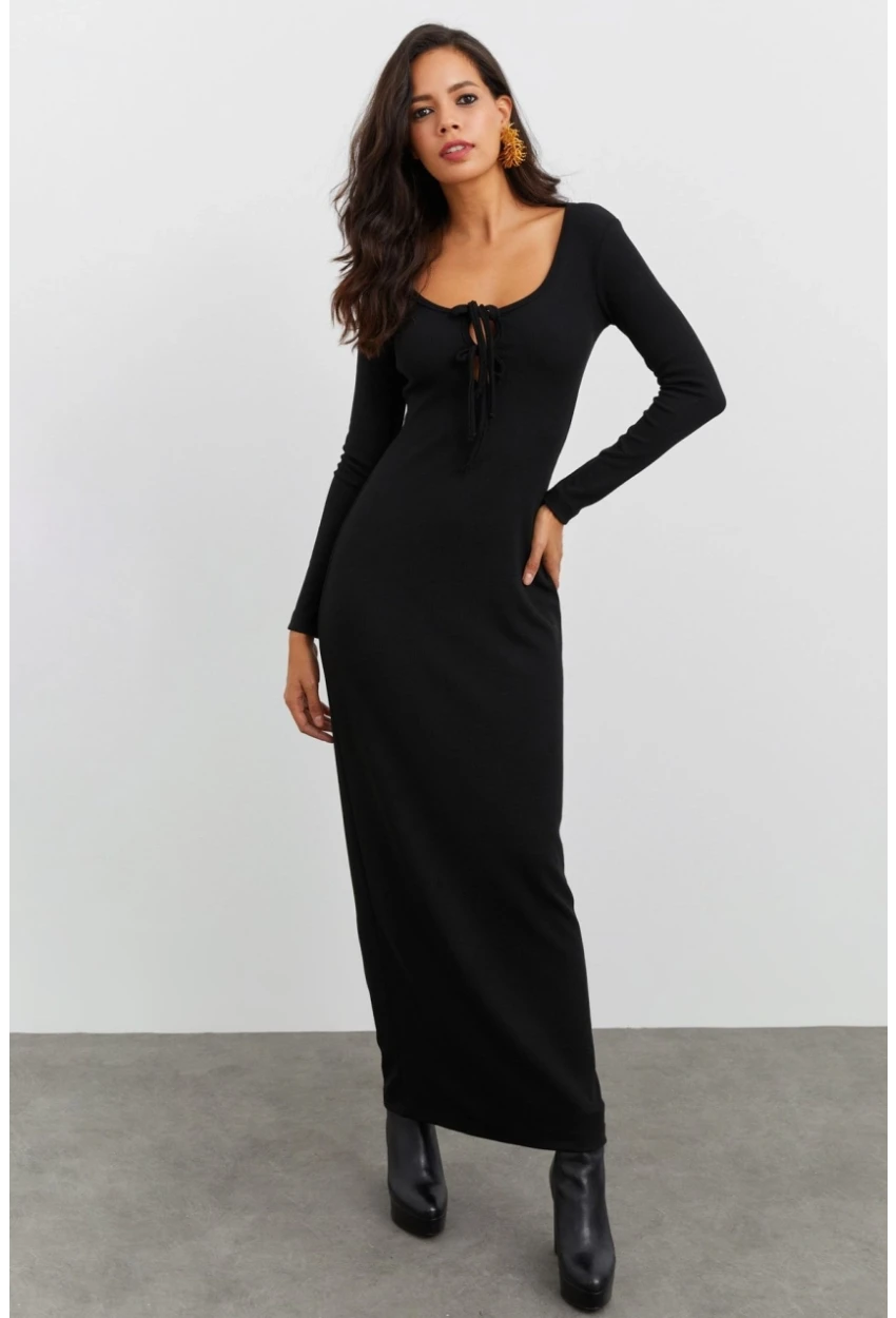 Kadın Siyah Kaşkorse Maxi Elbise EY1513