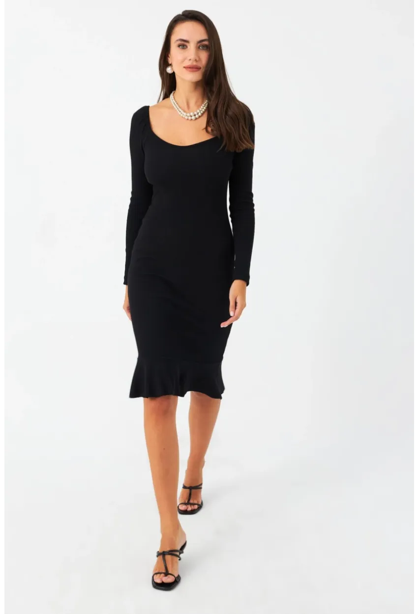 Kadın Siyah Kaşkorse Midi Elbise EY2976