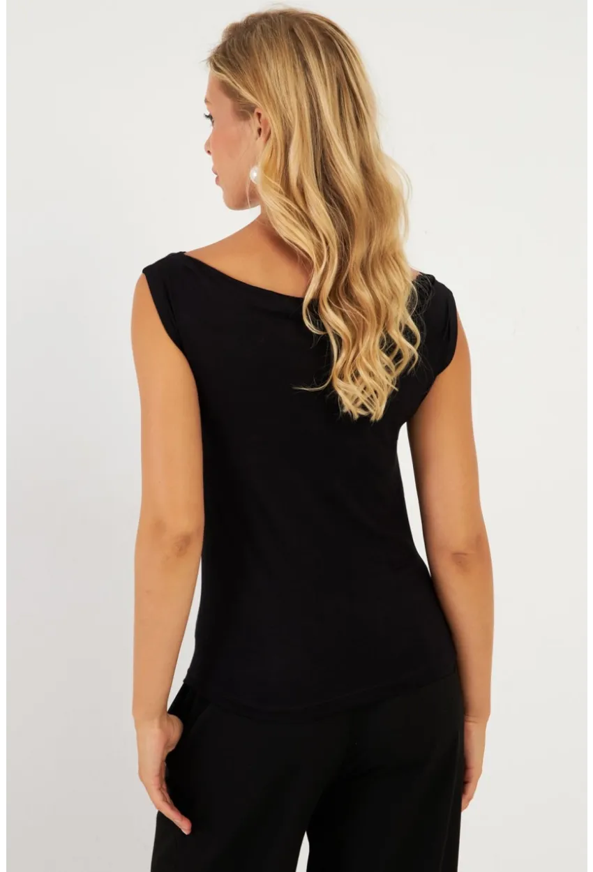 Kadın Siyah Kayık Yaka Bluz LPP1288