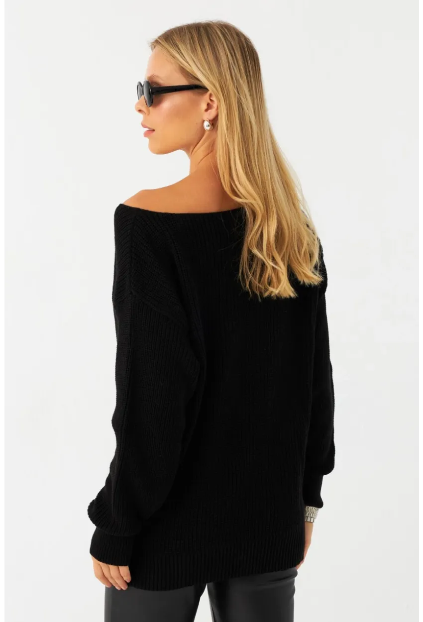 Kadın Siyah Kayık Yaka Kazak AYD392