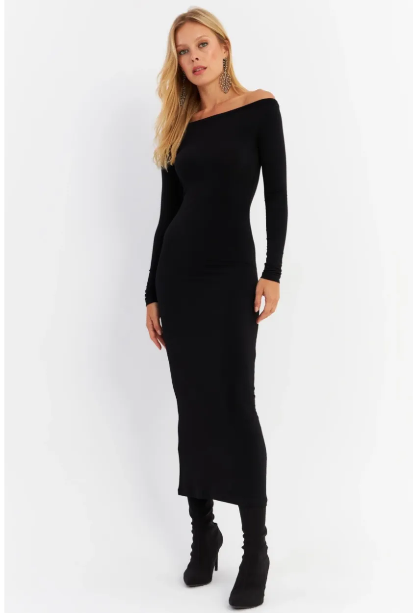 Kadın Siyah Kayık Yaka Maxi Yılbaşı Elbise HOR03