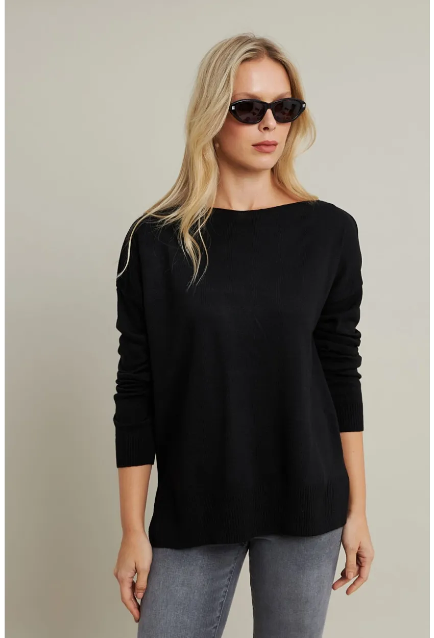 Kadın Siyah Kayık Yaka Triko Bluz MYİL561