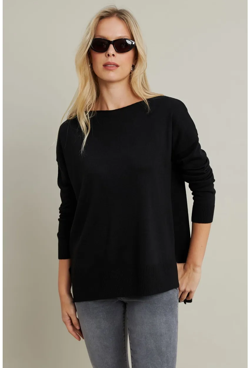 Kadın Siyah Kayık Yaka Triko Bluz YİL561