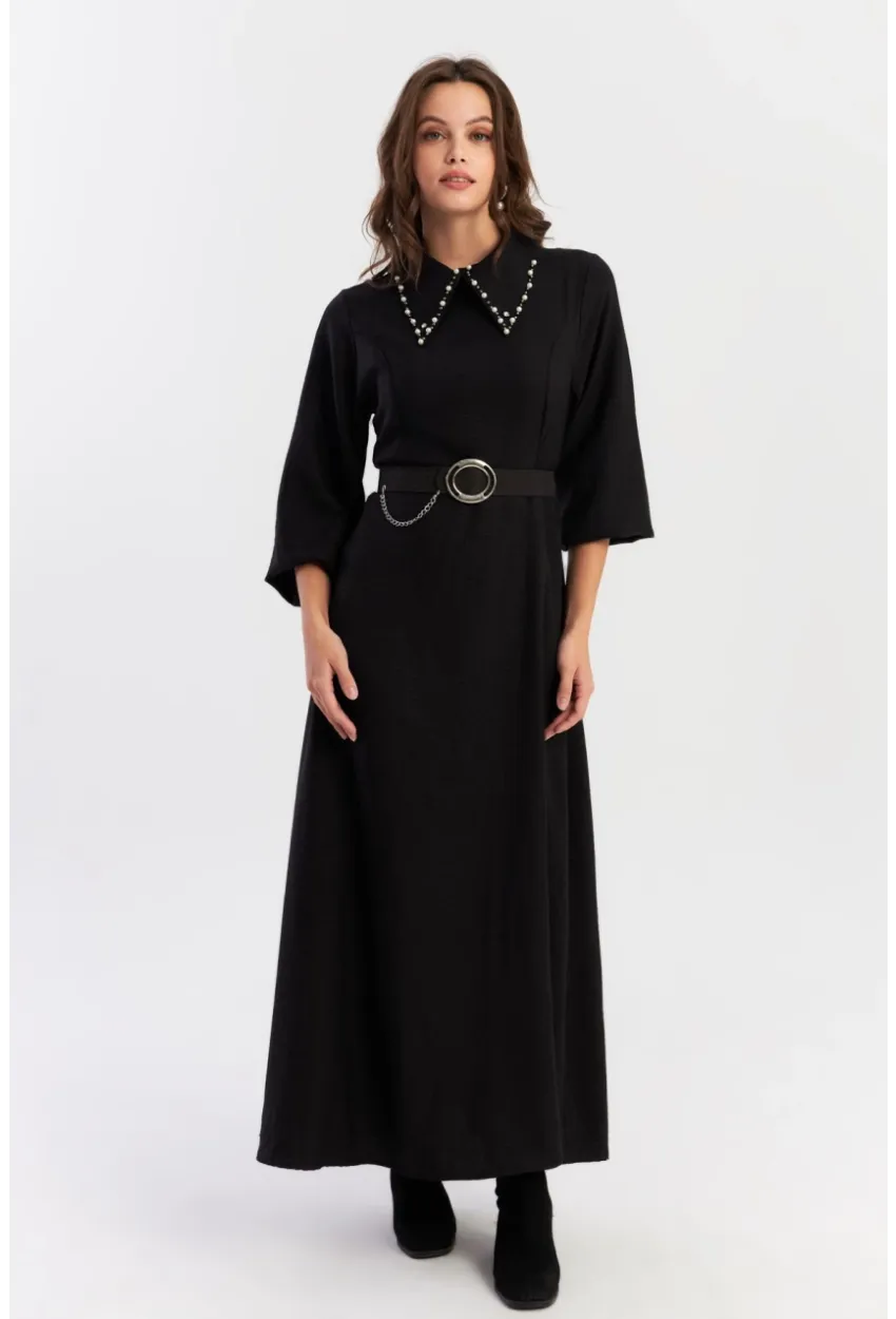 Kadın Siyah Kemerli İncili Maxi Elbise ALZ341