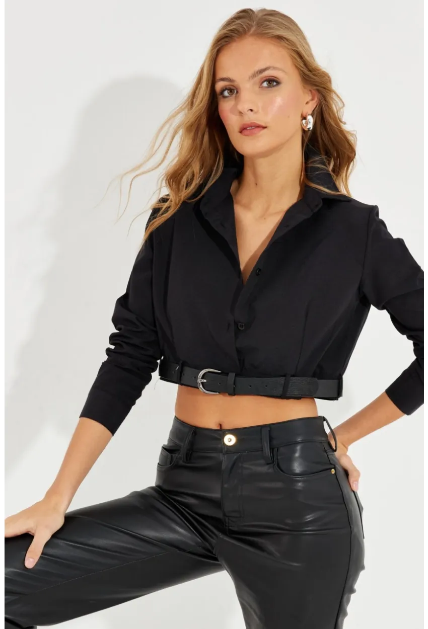 Kadın Siyah Kemerli Kısa Gömlek MEN2017