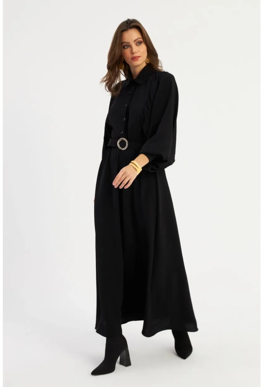 Kadın Siyah Kemerli Maxi Elbise MASF15