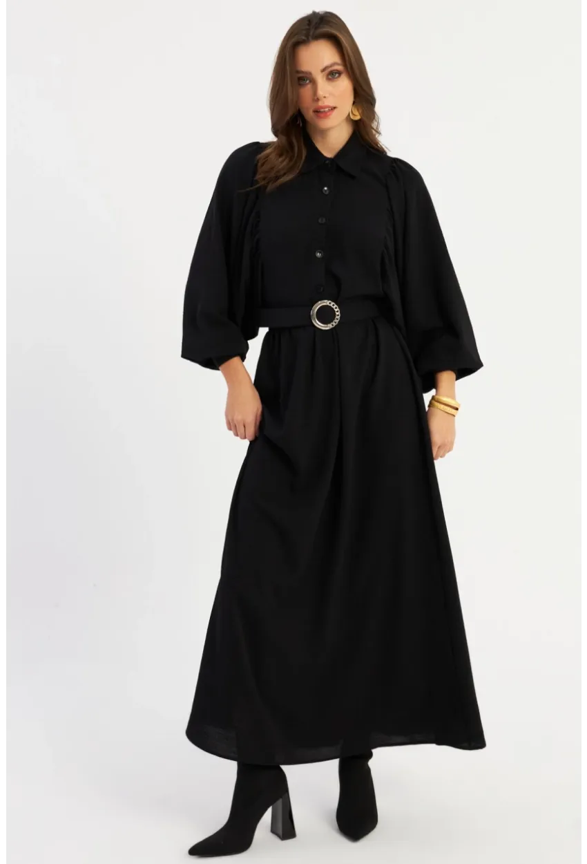 Kadın Siyah Kemerli Maxi Elbise MASF15