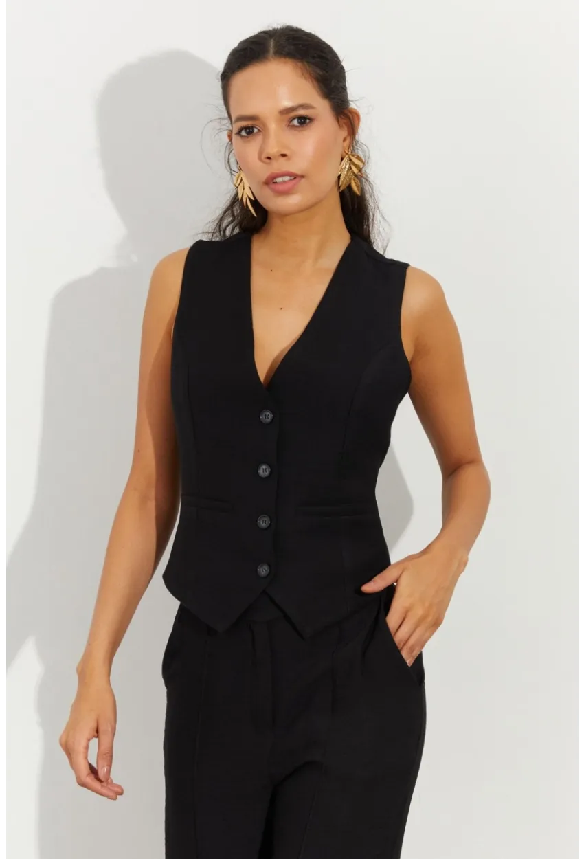 Kadın Siyah Keten Astarlı Yelek TW60046