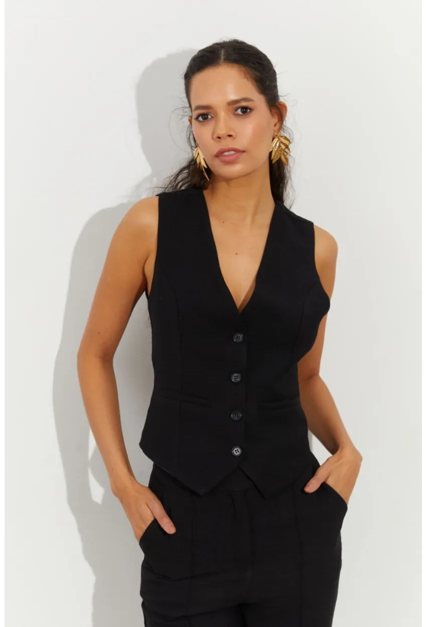 Kadın Siyah Keten Astarlı Yelek TW60046
