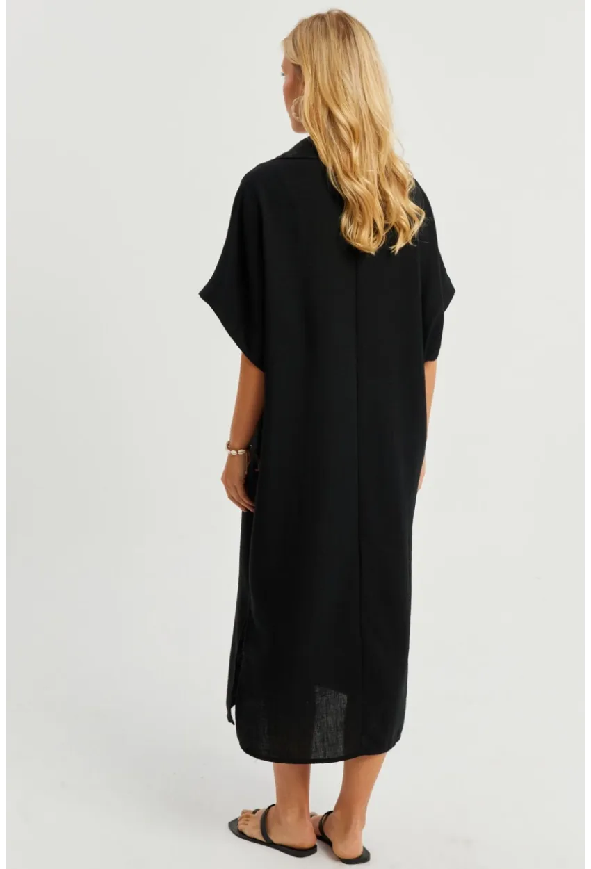 Kadın Siyah Keten Midi Elbise DMR85