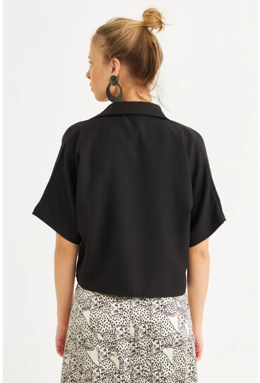 Kadın Siyah Kısa Kollu Crop Gömlek CNG117