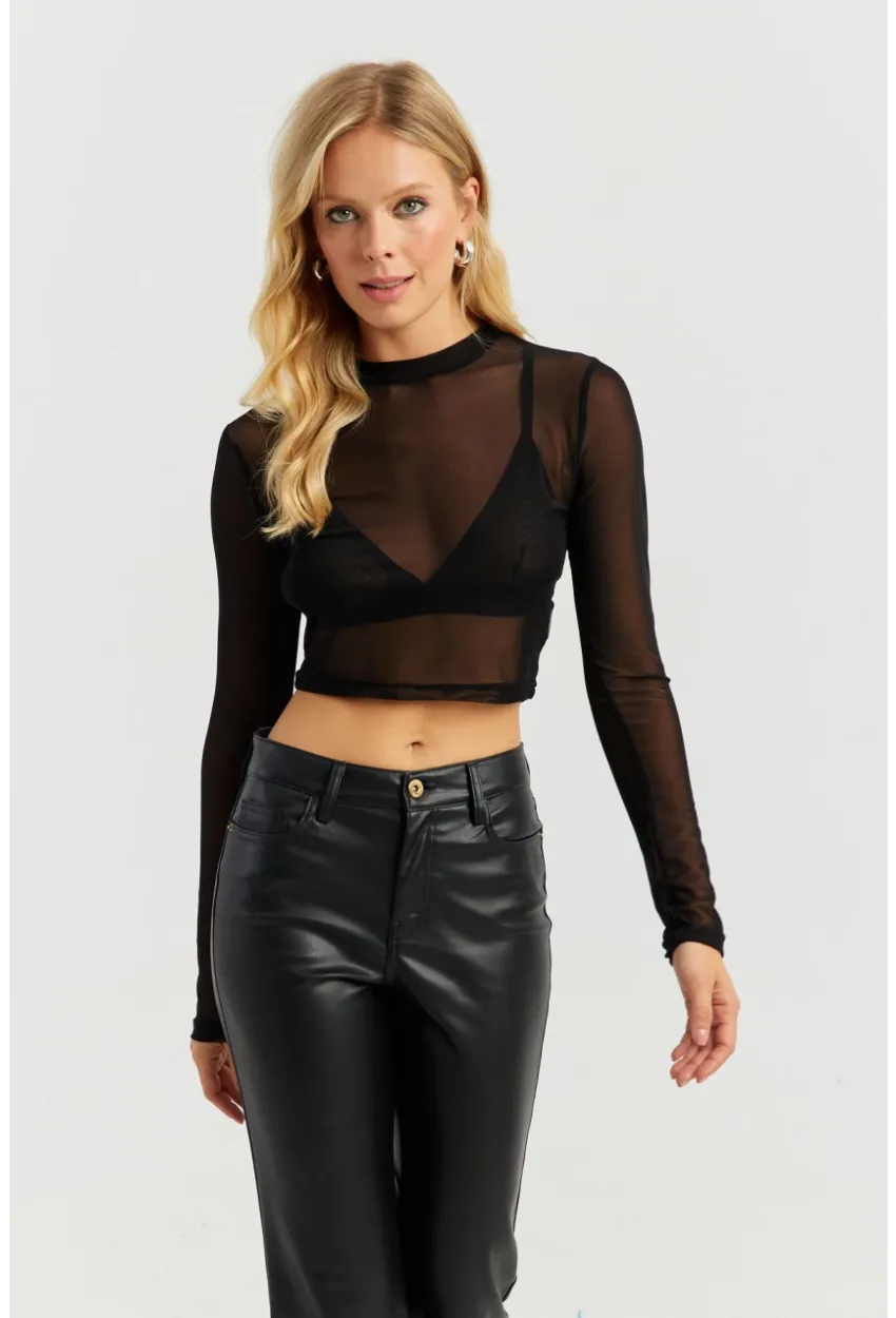 Kadın Siyah Kısa Tül Bluz MEN2027