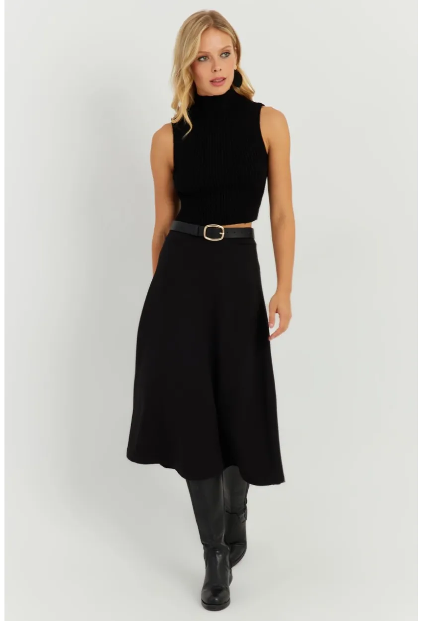 Kadın Siyah Kloş Midi Etek LV173