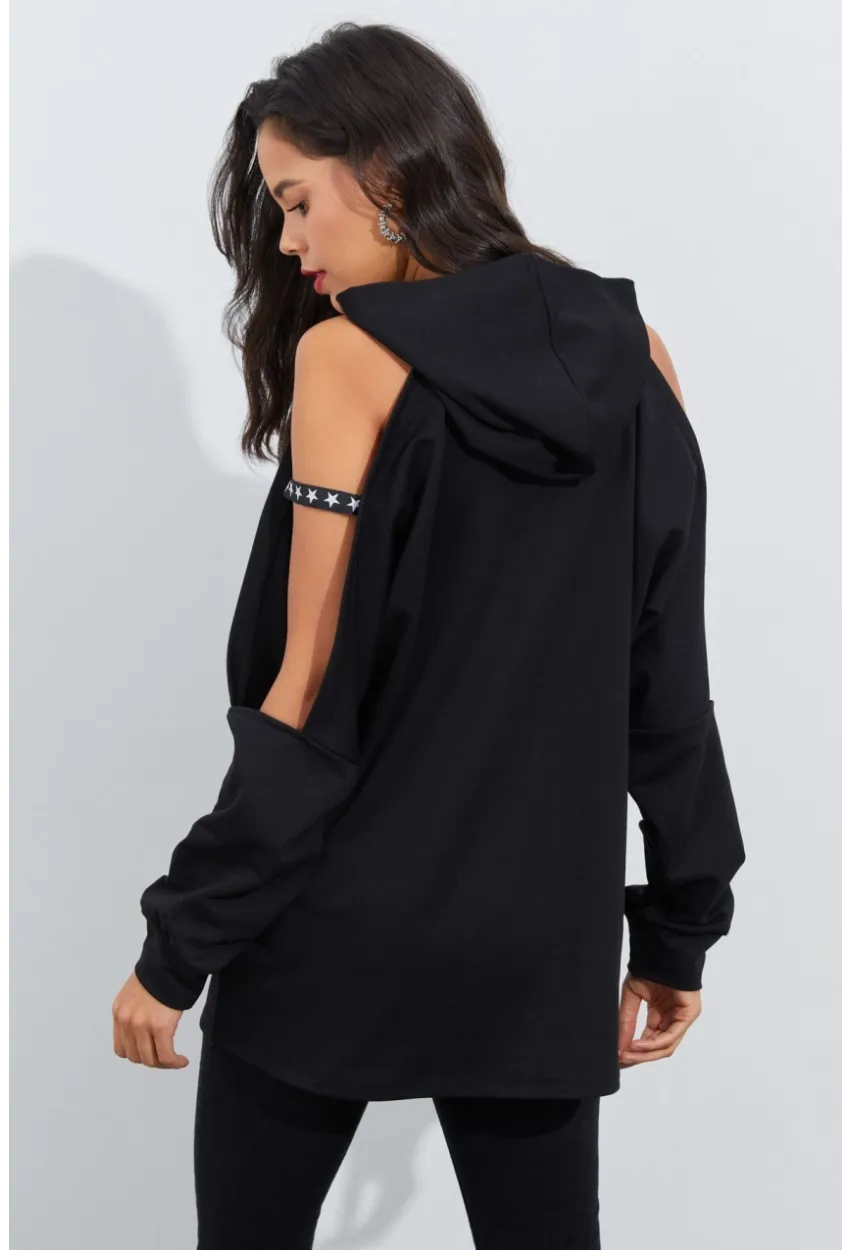 Kadın Siyah Kolları Açık Kapüşonlu Sweatshirt Yİ2356